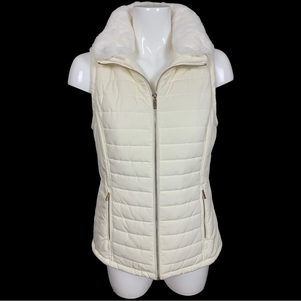 Calvin Klein Off White Zip Up Puffer Vest with Faux Fur Collar Small